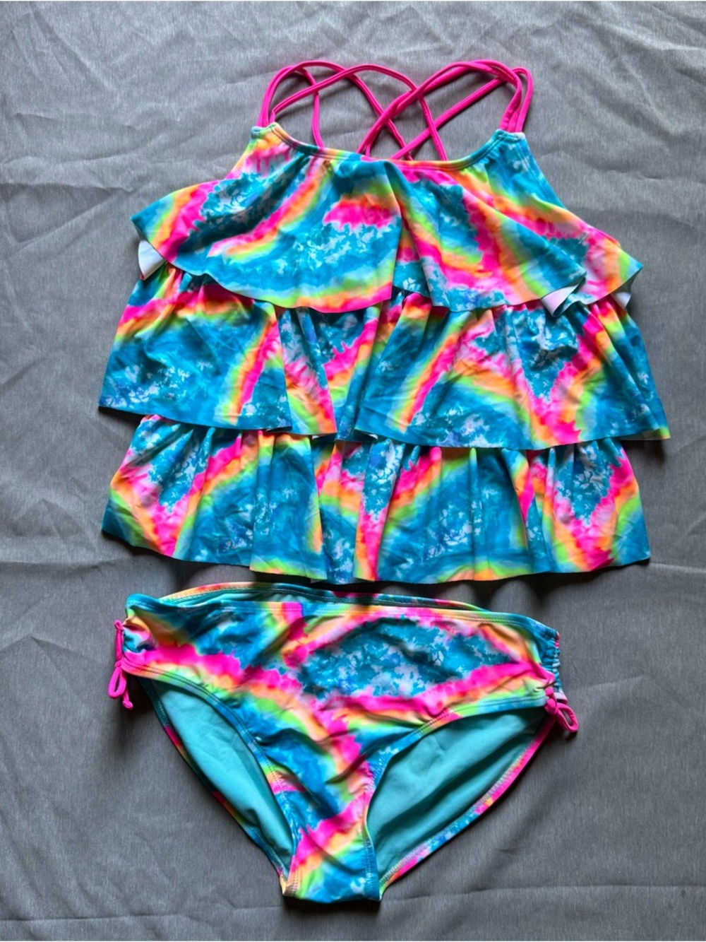 Girls Tie-Dye Ruffle Two Piece Swim Set - Bright Blue & Rainbow